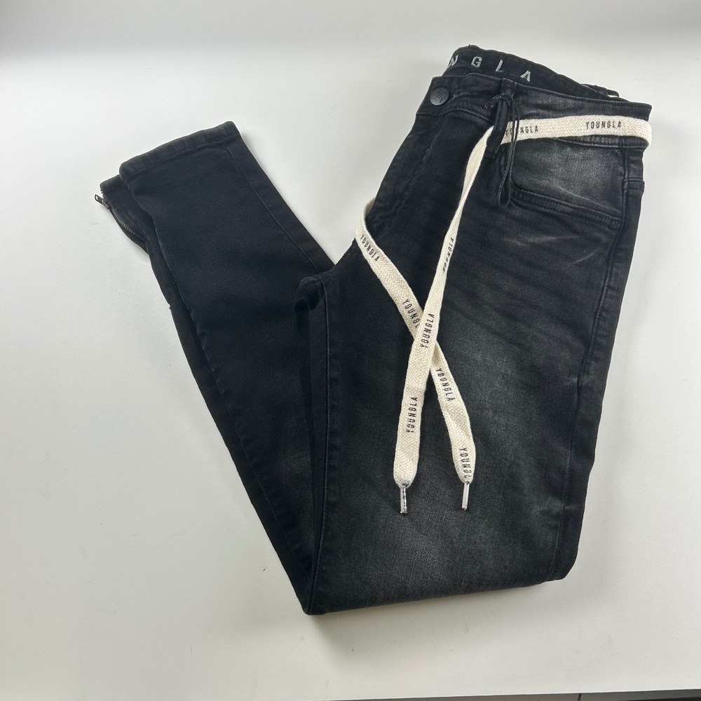YoungLA 603 Mens 30x28 Skinny Jeans Faded Black Drawstring Ankle Zip NWOT Grunge
